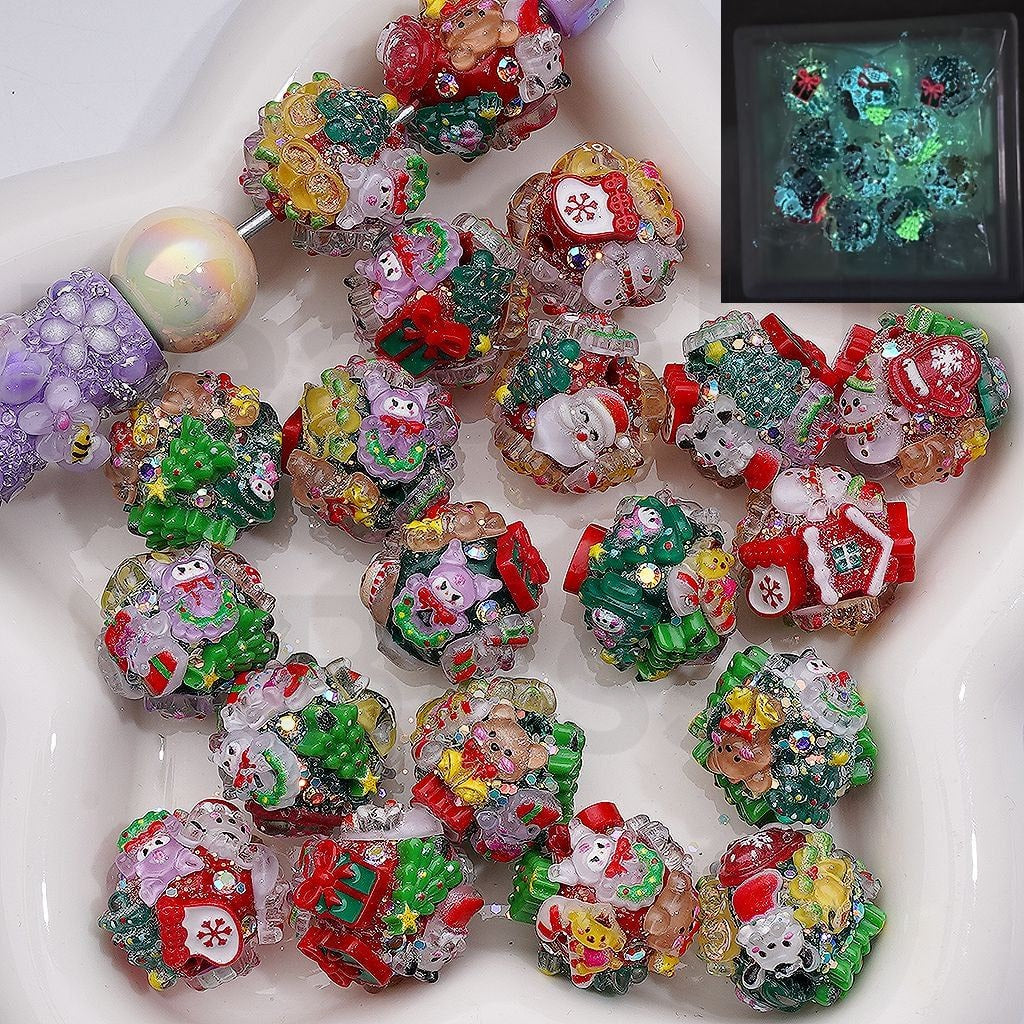 Colorful Christmas-themed beads on a white surface with a close-up inset showing a different texture.

