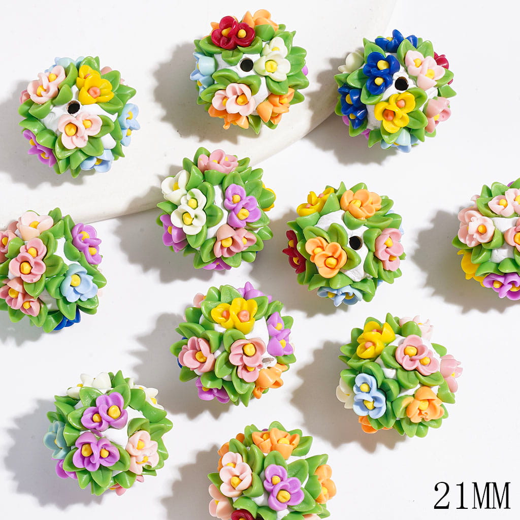 Clay Beads with Various Colors Flowers and Green Leaves, 21MM