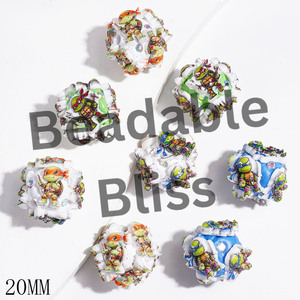 Green Tortoise Character with Eye Mask & Knee Pads Clay Beads, 20MM, Random Mix
