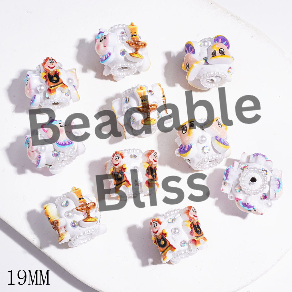 Clay Beads with Diningware Role & AB Rhinestones & White Pearl Loop, Candle Holder & Clock Keeper & Teacup & Teapot, 19MM, Random Mix