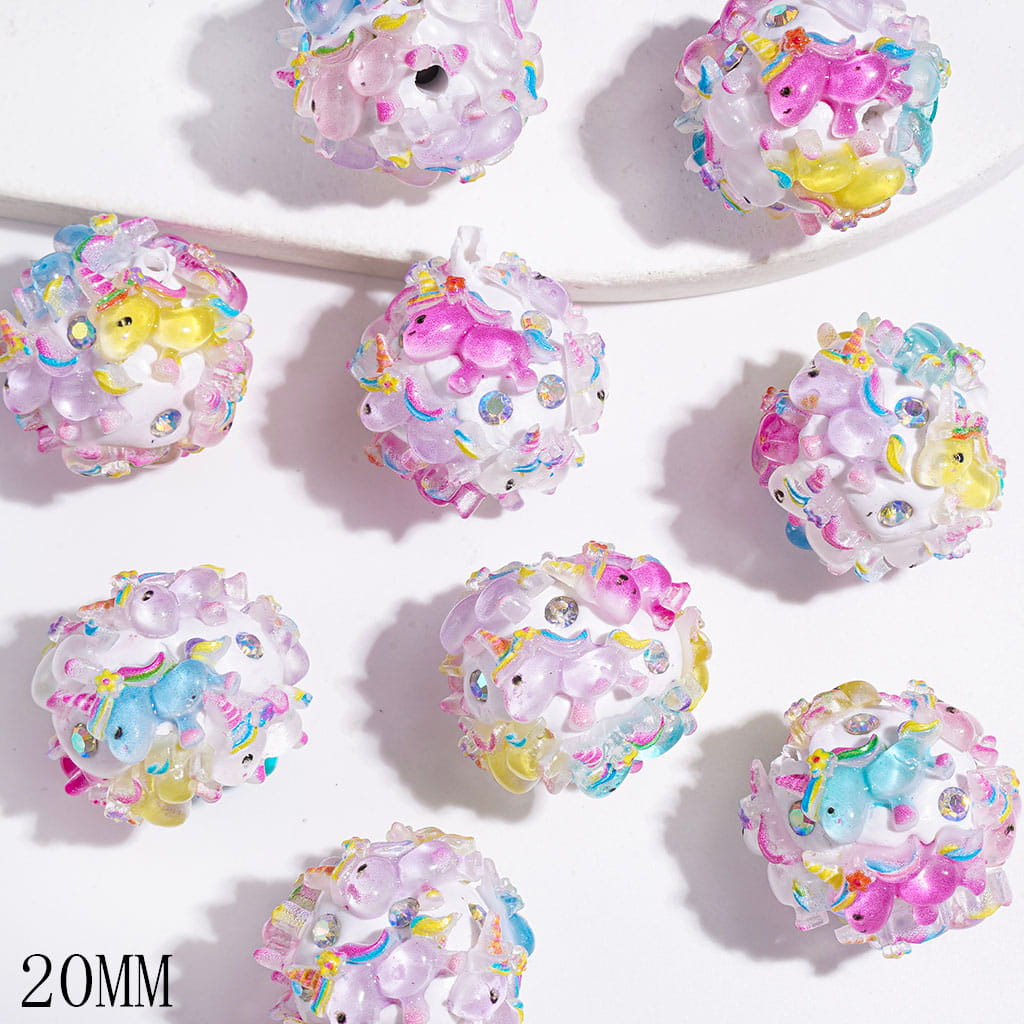 Clay Beads with Cute Rainbow Unicorn and AB Rhinestones, 20MM