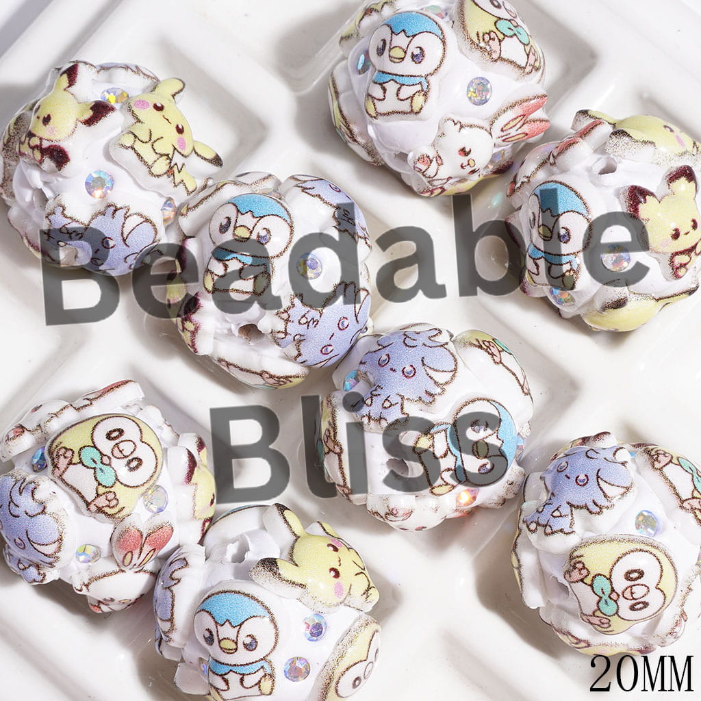 Clay Beads with Small Monster Characters Series and AB Rhinestones, 20MM