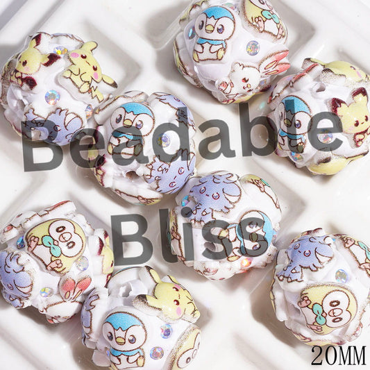 Clay Beads with Small Monster Characters Series and AB Rhinestones, 20MM