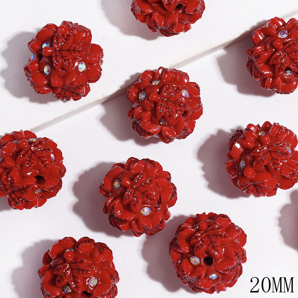Clay Beads with Red Maple Leaves and AB Rhinestones, 20MM