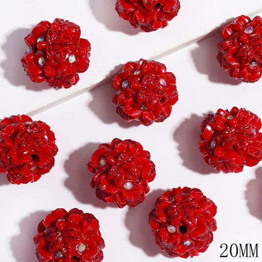 Clay Beads with Red Maple Leaves and AB Rhinestones, 20MM