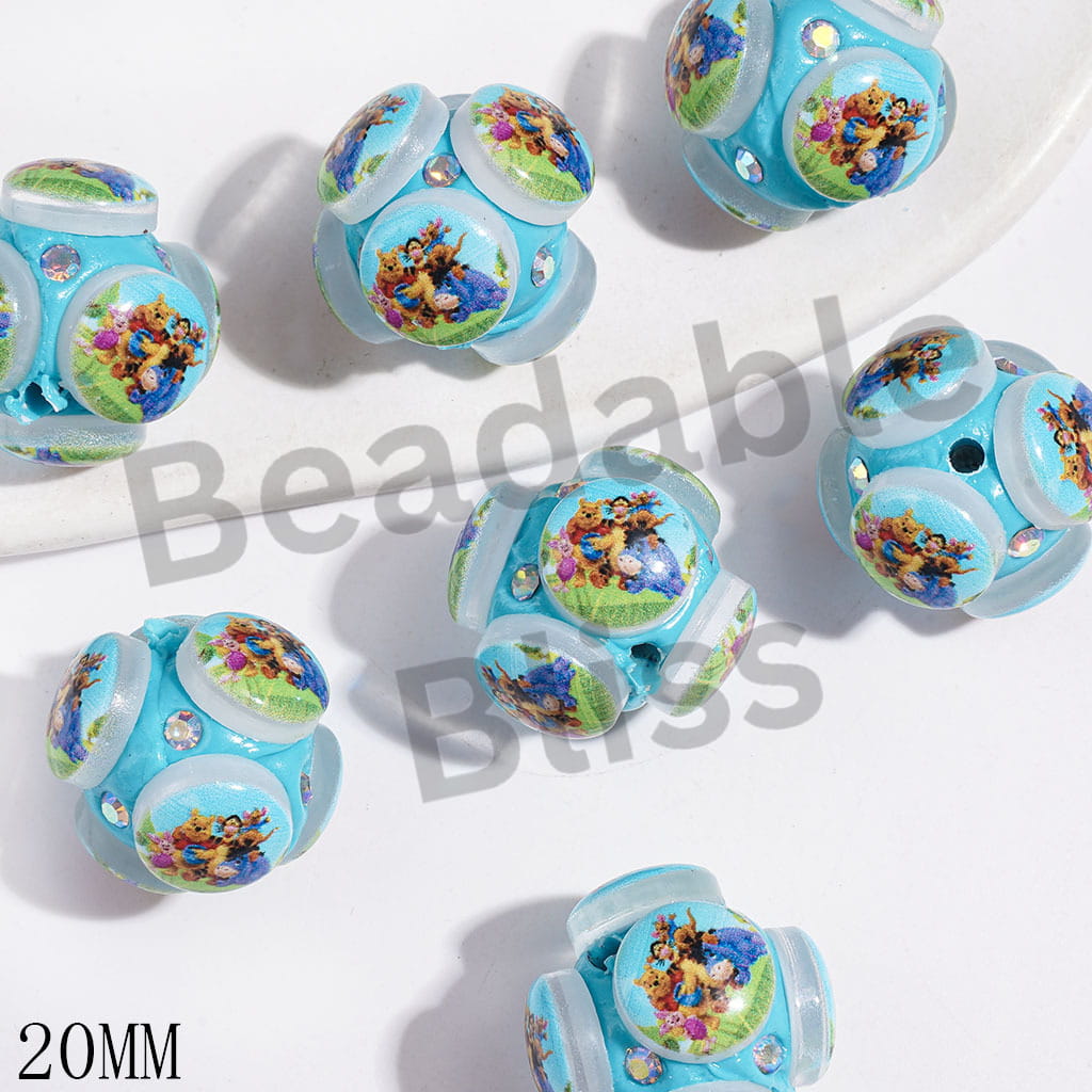 20MM Clay Beads with Honey Bear Characters Series and AB Rhinestones, Turquoise Background