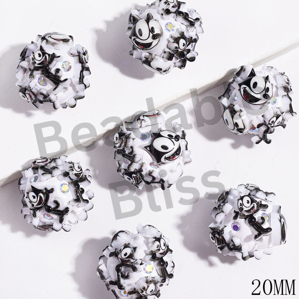 Smart Black Cat and AB Rhinestones Clay Beads, 20MM, Random Mix