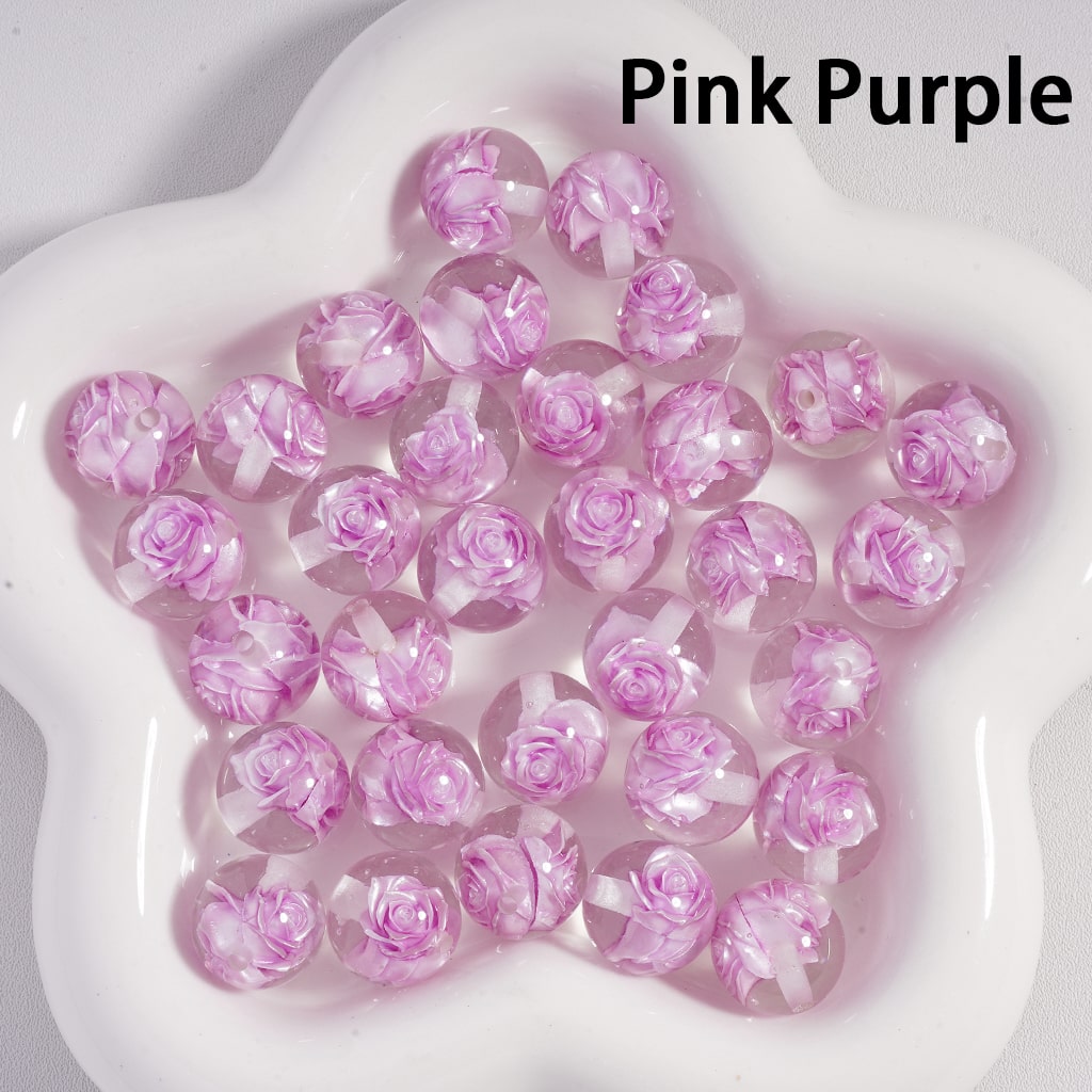 Acrylic Beads Cute Multi-Color Two Rose Flowers Inside, Clear, 16MM