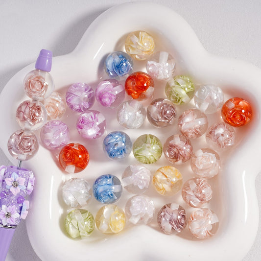 Acrylic Beads Cute Multi-Color Two Rose Flowers Inside, Clear, 16MM
