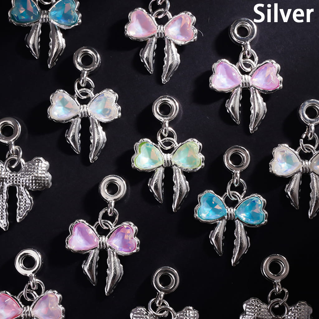 Alloy Bail Jump Ring Beads, Charm Pendants Bowknot Bowtie with Heart Rhinestones, Jewelry Accessories, Gold Silver