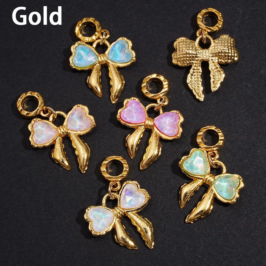 Alloy Bail Jump Ring Beads, Charm Pendants Bowknot Bowtie with Heart Rhinestones, Jewelry Accessories, Gold Silver