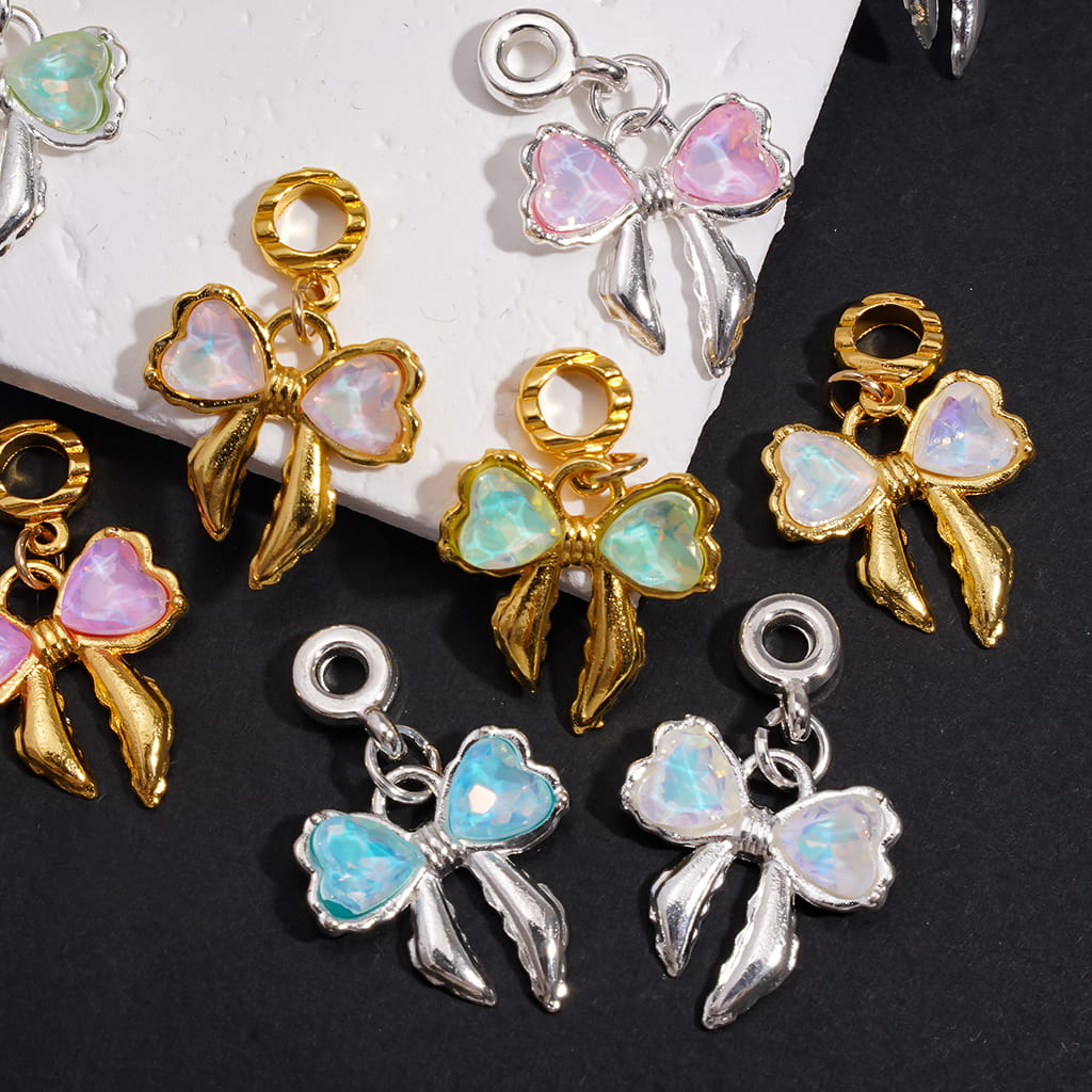 Alloy Bail Jump Ring Beads, Charm Pendants Bowknot Bowtie with Heart Rhinestones, Jewelry Accessories, Gold Silver