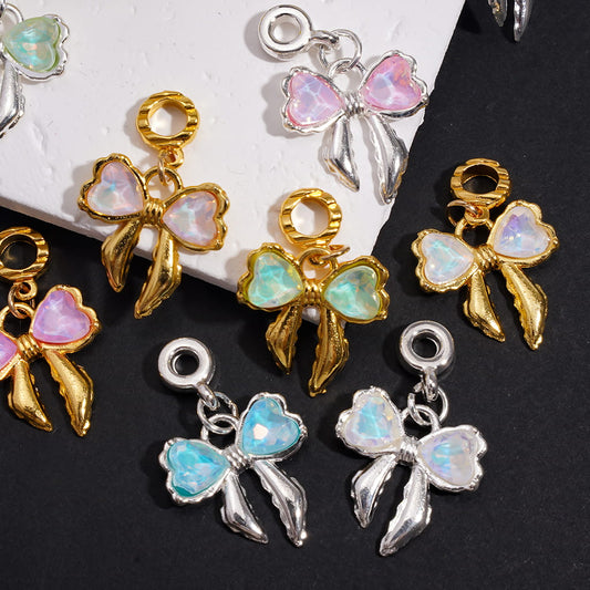 Alloy Bail Jump Ring Beads, Charm Pendants Bowknot Bowtie with Heart Rhinestones, Jewelry Accessories, Gold Silver