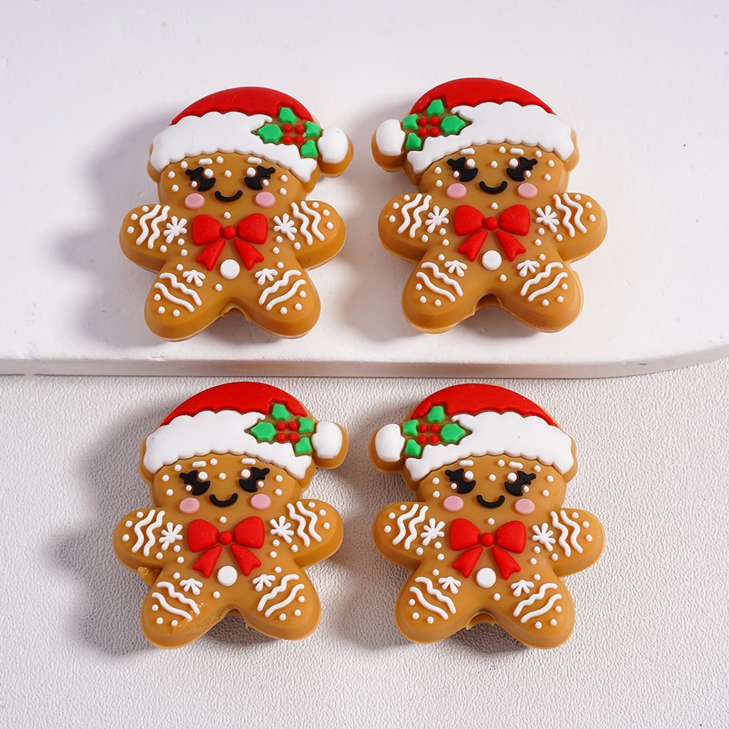 Silicone Focal Beads Cute Ginger Bread Man with Red Christmas Hat Bowknot