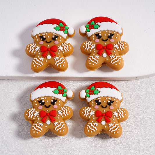 Silicone Focal Beads Cute Ginger Bread Man with Red Christmas Hat Bowknot