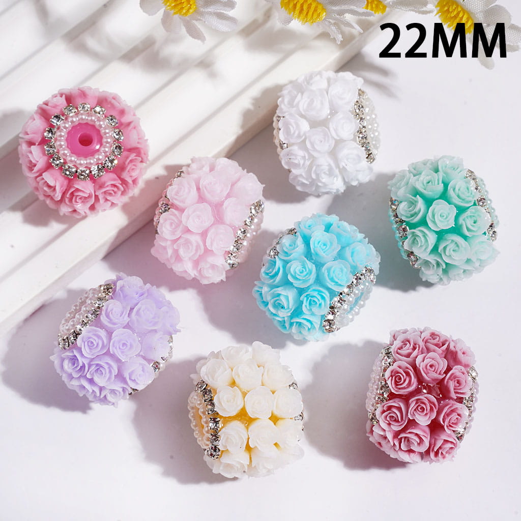 Handmade Acrylic Beads with Rose Flower, White Pearl & Silver Metal Chains with Clear Rhinestone, 22MM Multi-Color