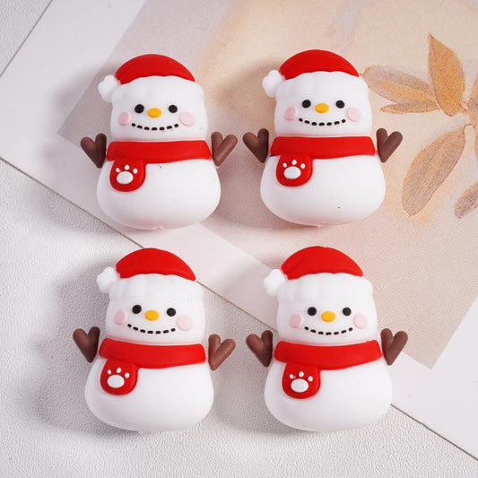 Silicone Focal Beads 3D Cute Snowman with Red Christmas Hat Scarf