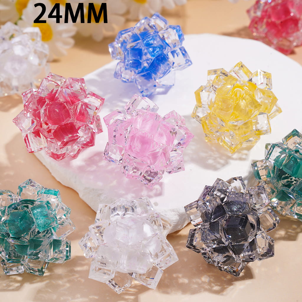 Handmade Faced Crystal Square Acrylic Bead Ball Ornament with Glitter Inside, Clear, 24MM, Random Mix