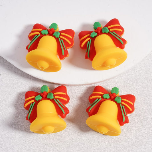 Silicone Focal Beads 3D Cute Yellow Christmas Bell with Red Bowknot Green Leaves