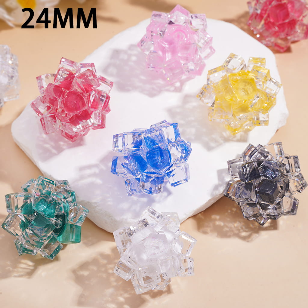 Handmade Faced Crystal Square Acrylic Bead Ball Ornament with Glitter Inside, Clear, 24MM, Random Mix