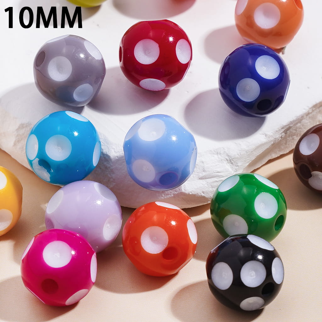 Acrylic Beads for Bracelets with White Polka Dots in Concavo-Convex, 10MM, Multi-Color, Random Mix