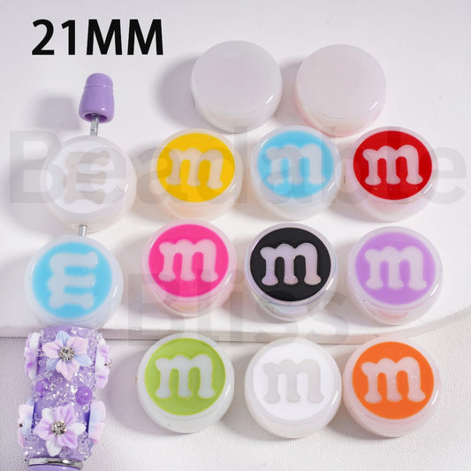 Acrylic Beads UV Coating Cute M Chocolate Beans Prints, 21MM, Random Mix (The Hole is Horizontal, not Vertical)