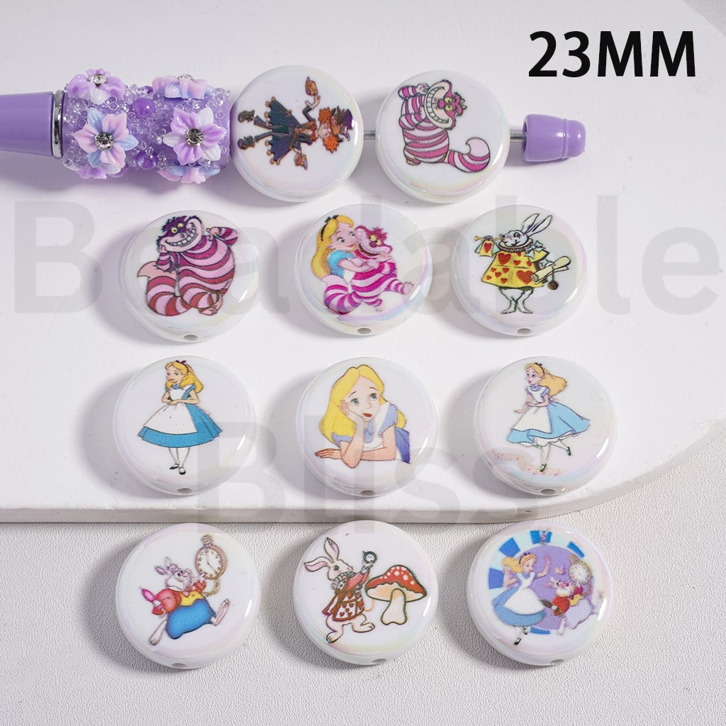 Acrylic Beads Round Flat UV Coating Cute Alic in Wonderland Series, 23MM, Random Mix