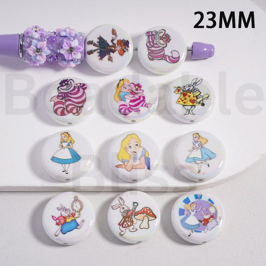 Acrylic Beads Round Flat UV Coating Cute Alic in Wonderland Series, 23MM, Random Mix