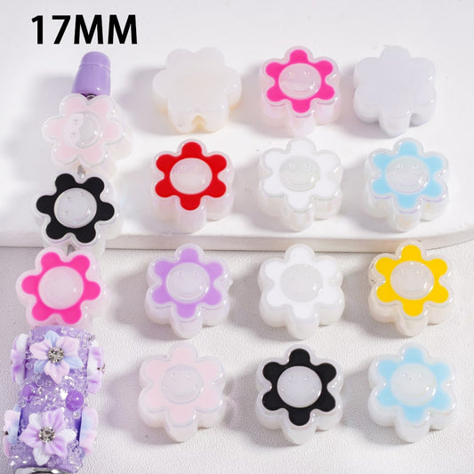 Acrylic Beads UV Coating Cute Smile Face Plum Blossom Flower Prints, 17MM (The Hole is Horizontal, not Vertical) Random Mix