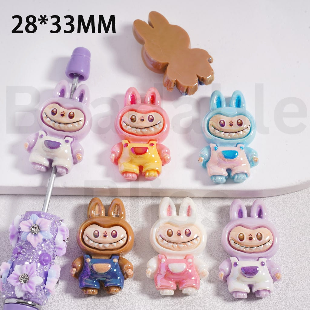 Acrylic Beads UV Coating Cute L-B-B with Overalls, 33*28MM, Random Mix