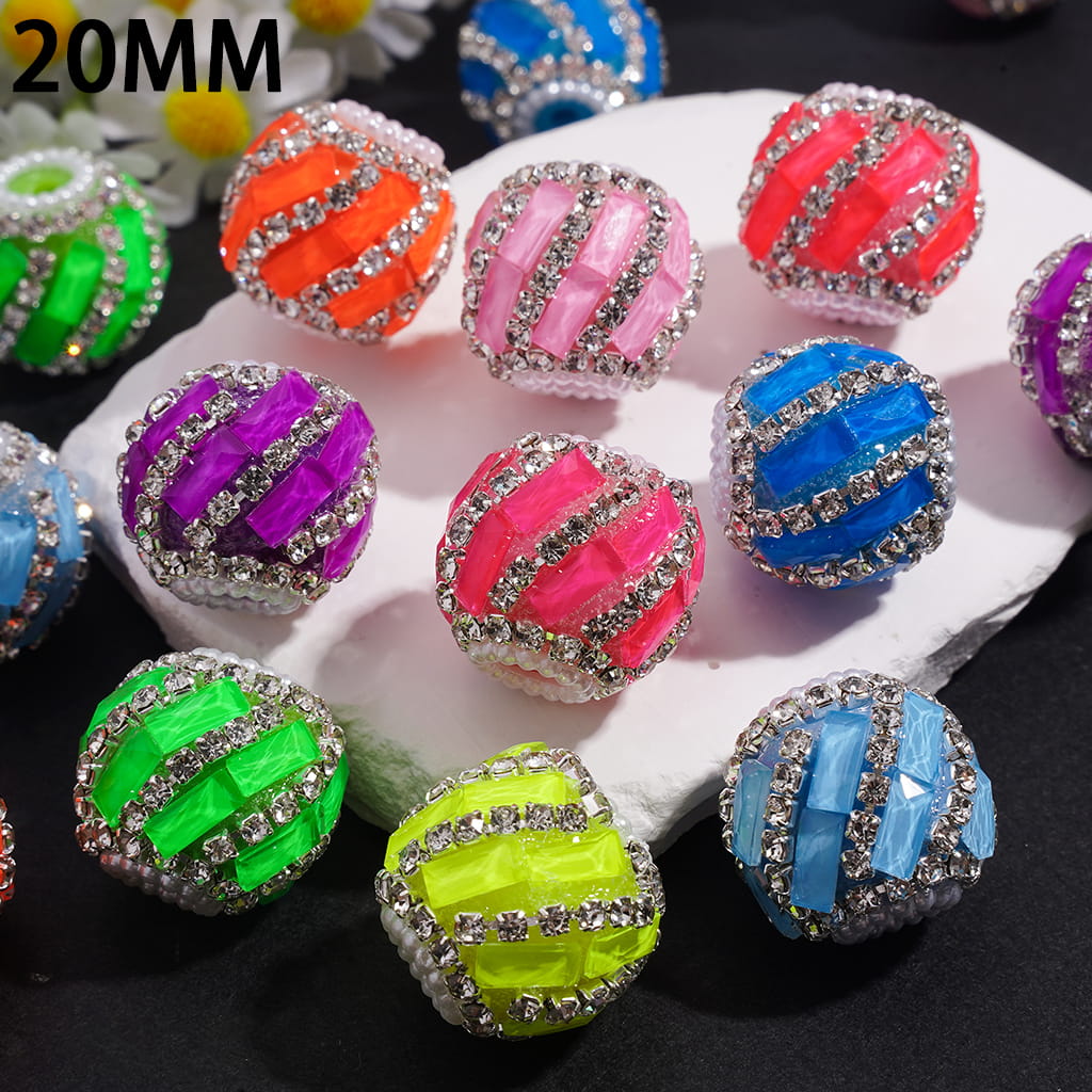 Handcrafted Acrylic Beads with Spiral Style Rectangle and Clear Rhinestone Chains, White Pearl Chains, Around 20MM, Fluorescence Color