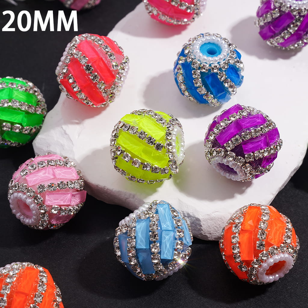 Handcrafted Acrylic Beads with Spiral Style Rectangle and Clear Rhinestone Chains, White Pearl Chains, Around 20MM, Fluorescence Color