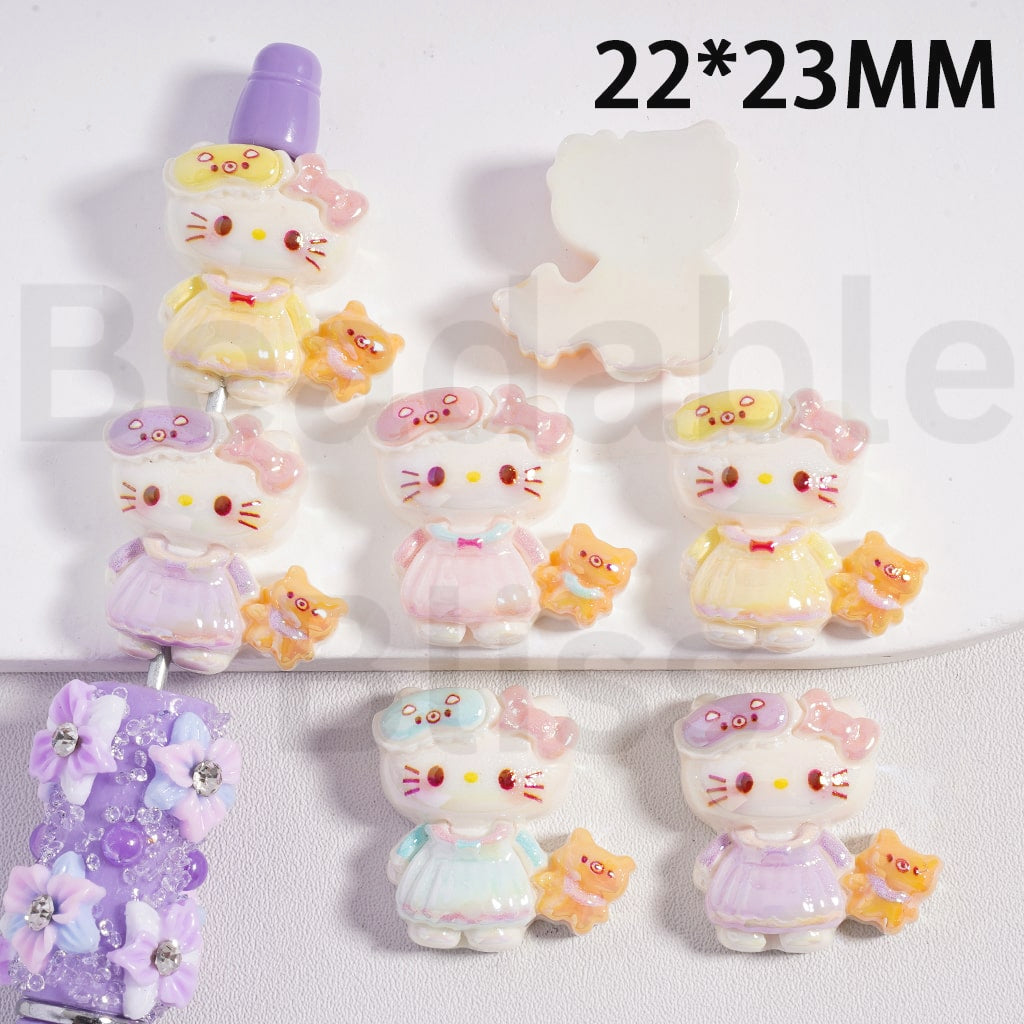 Acrylic Beads UV Coating Cute Hello Kitt Holds a Little Bear Doll, 22*23MM, Random Mix