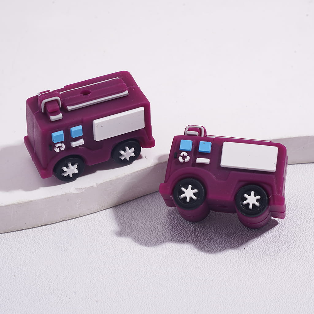 Silicone Focal Beads 3D Mini Fire Fighting Truck in Red and Purple