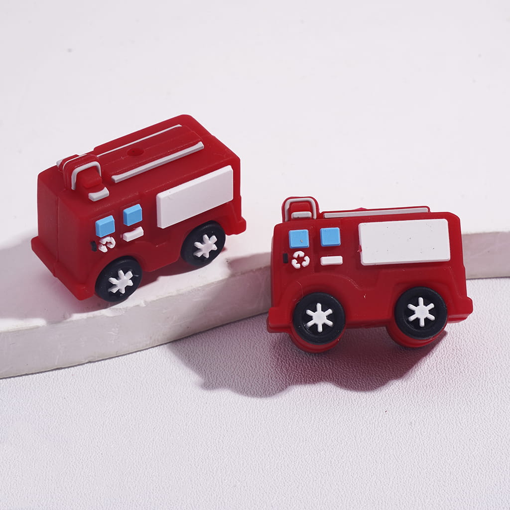 Silicone Focal Beads 3D Mini Fire Fighting Truck in Red and Purple