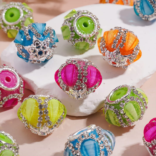 Handmade Acrylic Beads w Silver Alloy Six Pointed Flower & Round Ring on Both Base Sides, w Drop Water & Clear Rhinestone Chains, Neon Colors, 22MM, Random Mix