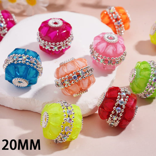 Handcrafted Acrylic Beads w Silver Alloy Round Base on Both Sides, w Heart & AB Rhinestone Chains, Fluorescent Colors, 20MM, Random Mix