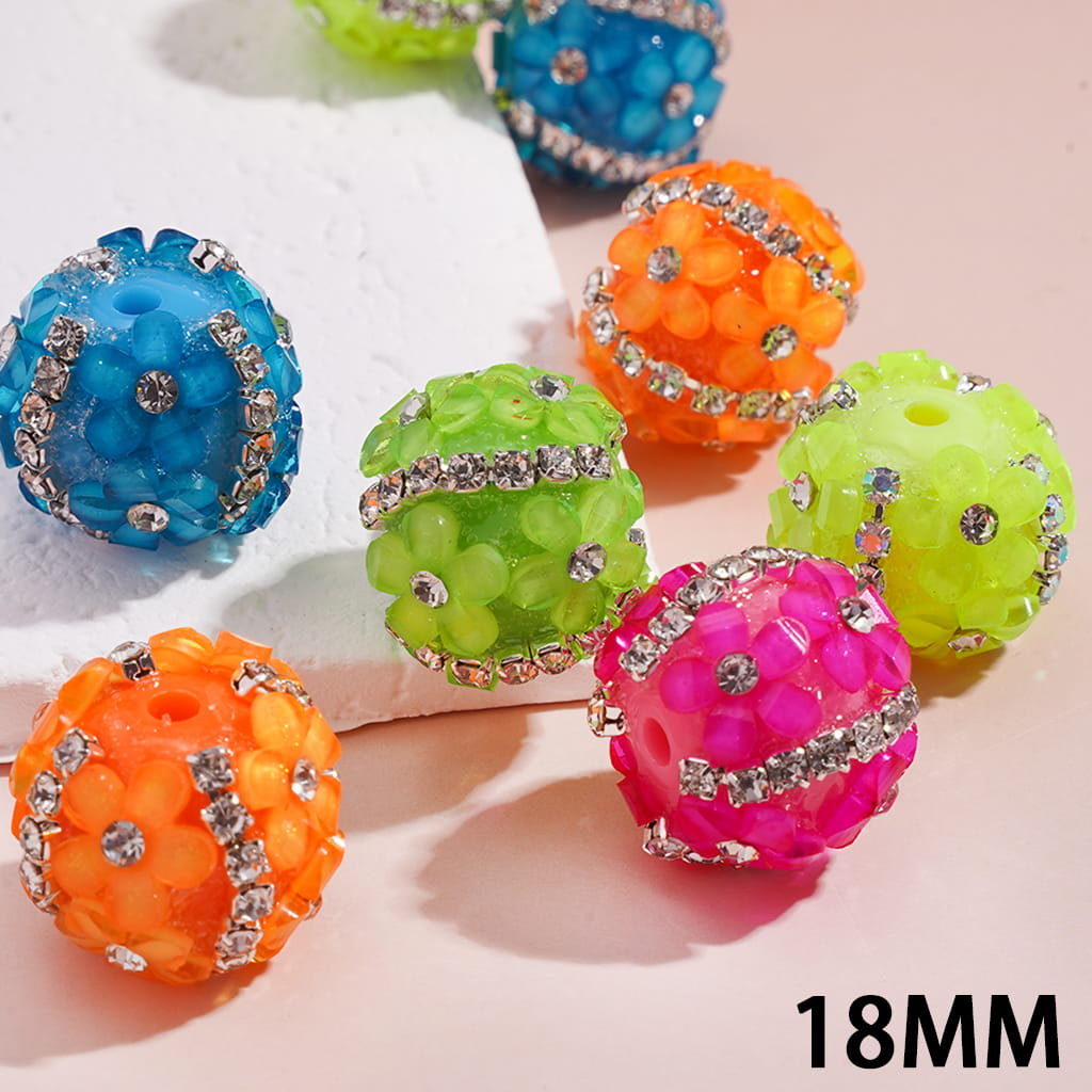 Hand-Made Acrylic Beads with Five-Petaled Flowers and Clear Rhinestone Chains, Fluorescence Colors, 18MM, Random Mix