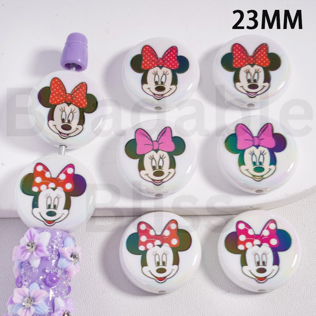 Acrylic Beads Round Flat UV Coating Cute Minni Mouse Head with Bowknot, 23MM, Random Mix