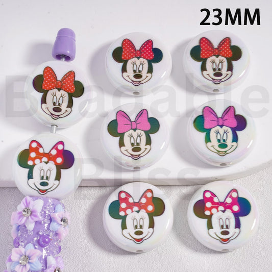 Acrylic Beads Round Flat UV Coating Cute Minni Mouse Head with Bowknot, 23MM, Random Mix