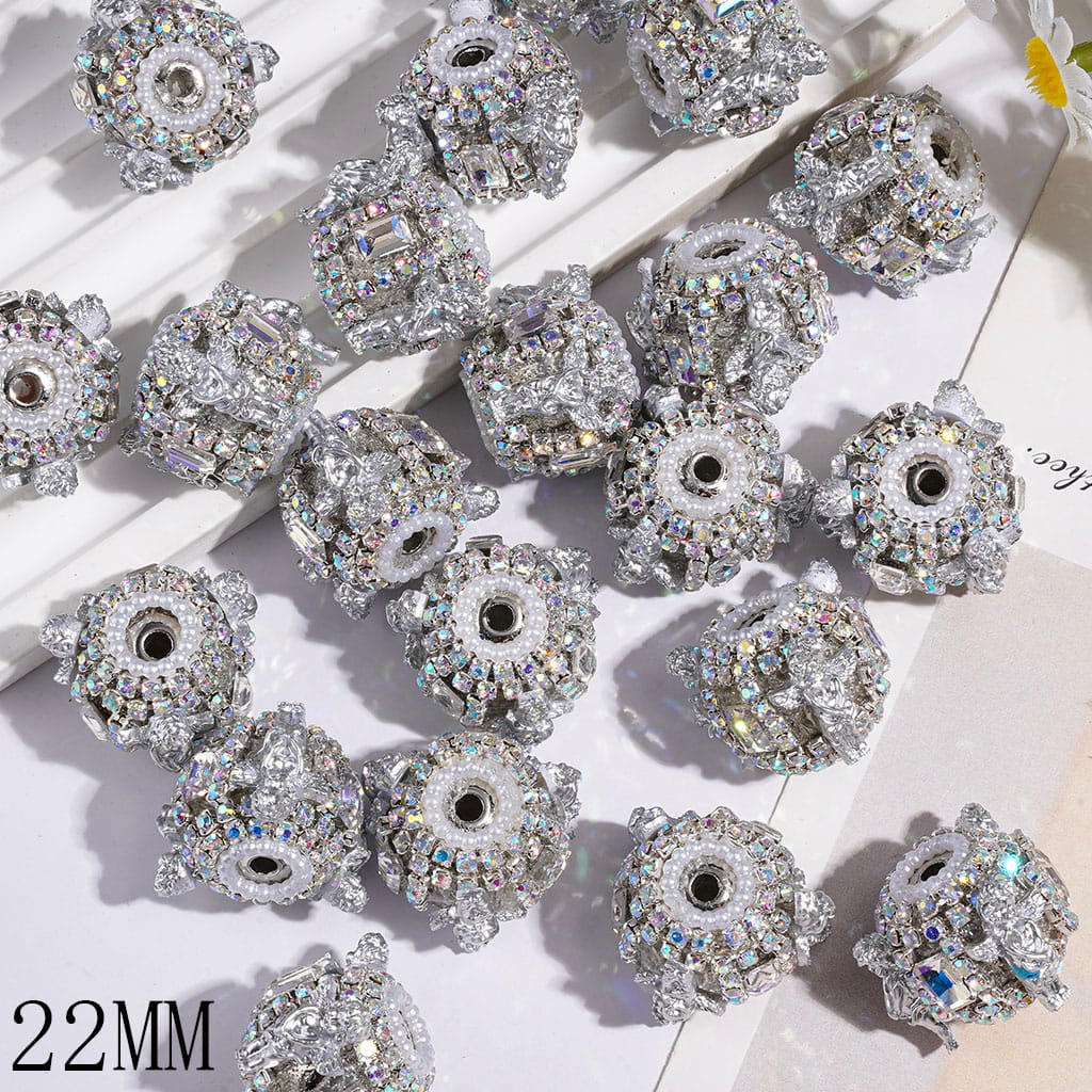 Handmade Acrylic Beads w Alloy Cross Shaped Angel & Rectangular Rhinestones, AB Rhinestone & White Pearl Chains, 22MM