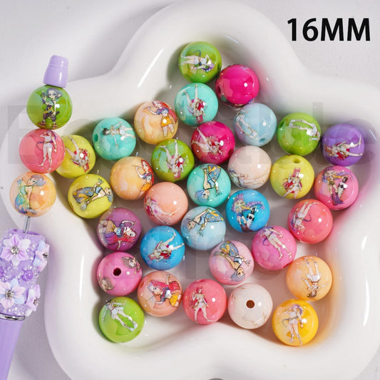Acrylic Beads UV Coating Girl Group Hunt, Solid Color, 16MM, Random Mix