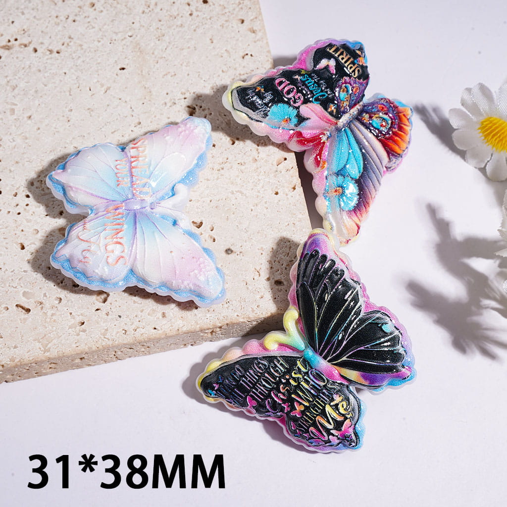 Vibrant Butterfly with Flower and Word Text on Wings, 31*38MM, Random Mix