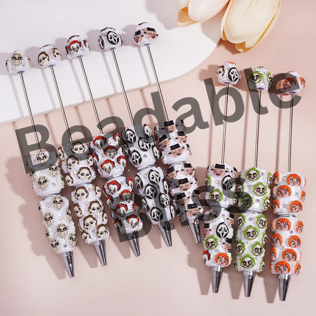 Beadable Clay Pens with Horror Character Head-Parts Series and AB Rhinestones