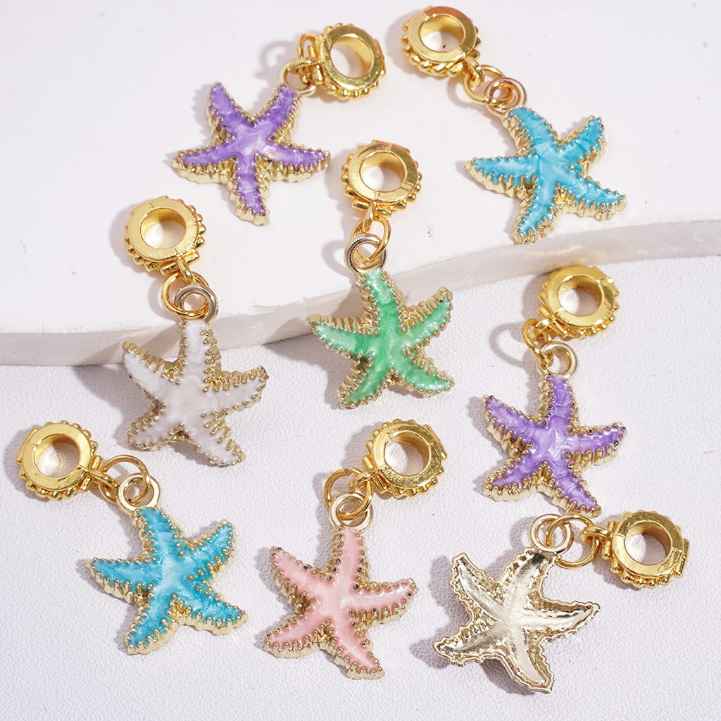 Gold Metal Bail Loop Beads, Charm Pendant Starfish with Glitter in Various Colors, Random Mix