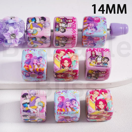 Acrylic Beads Square Cube Hunt Girl Group Series, 14MM, Random Mix