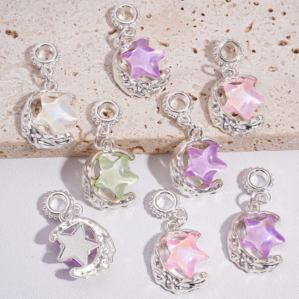 Silver Metal Beads Bail Dangle Charm Pendant Crescent Moon Jewelry Accessories with Star Rhinestones, Random Mix