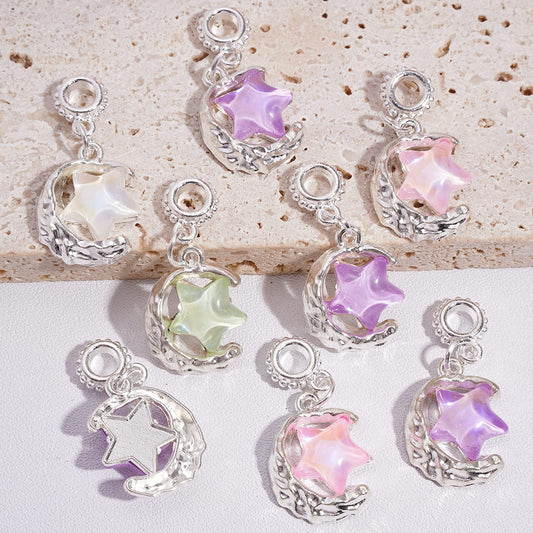 Silver Metal Beads Bail Dangle Charm Pendant Crescent Moon Jewelry Accessories with Star Rhinestones, Random Mix