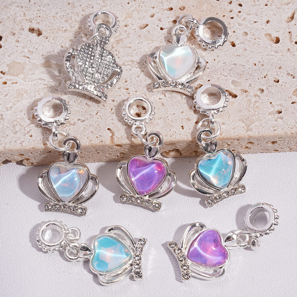 Silver Metal Beads Bail Dangle Charm Crown  with Heart Rhinestones Pendant Jewelry Accessories, Random Mix