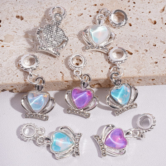 Silver Metal Beads Bail Dangle Charm Crown  with Heart Rhinestones Pendant Jewelry Accessories, Random Mix